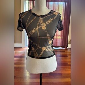 Elegant Black Mesh Top with Gold Chain Design